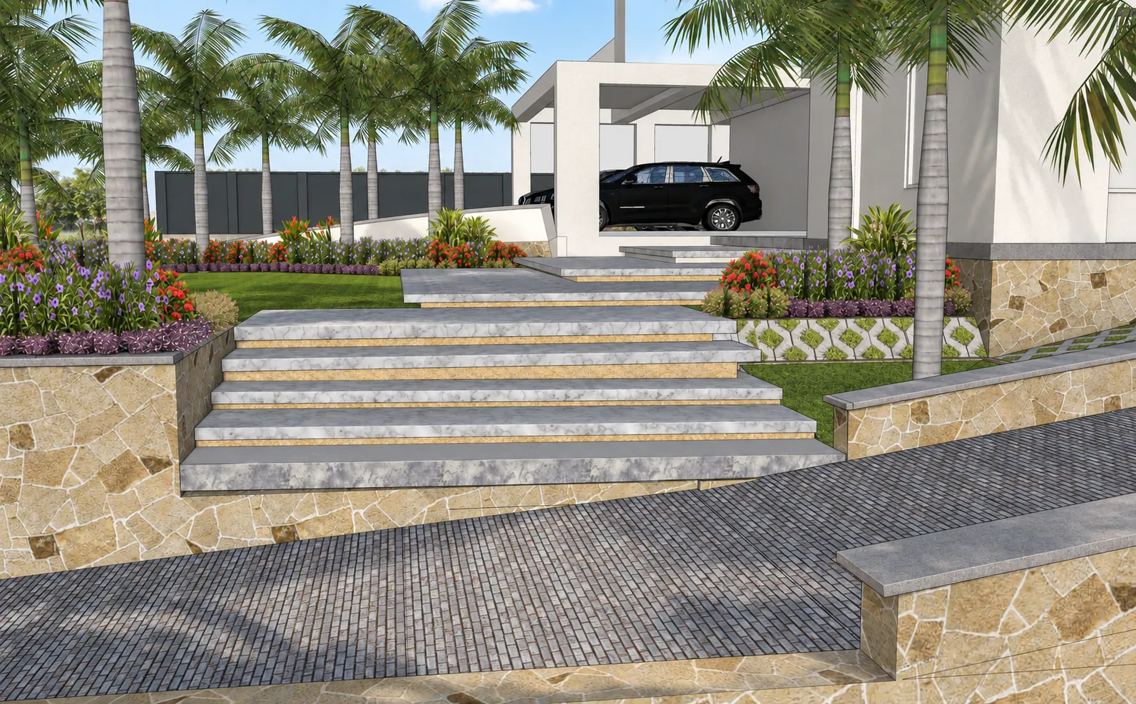 Kira concept: garden steps, palms and planted terraces