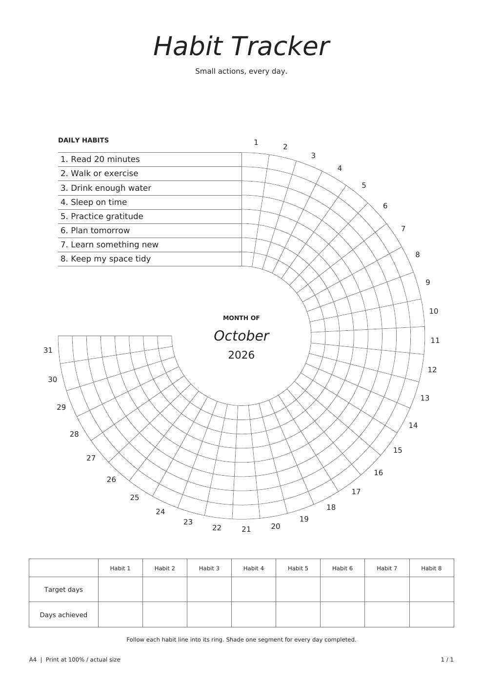 An October 2026 Habit Wheel example with eight habits, numbered days and a goals table
