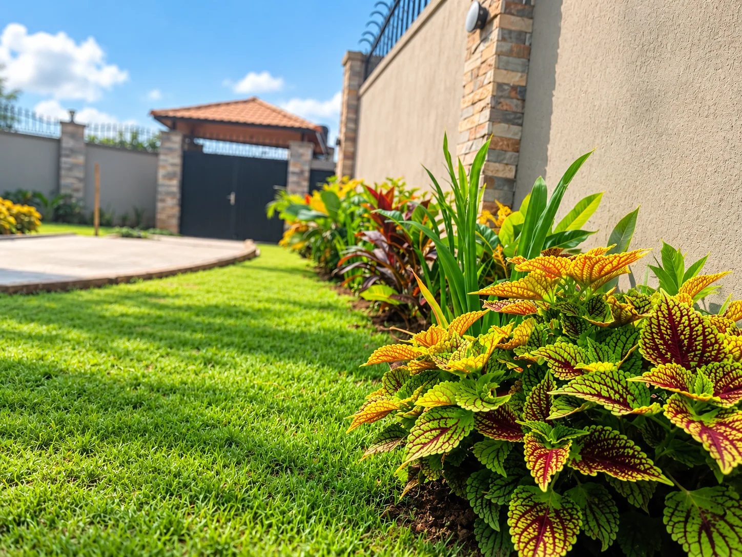 A green lawn beside a border of yellow, red and green foliage at Rubaga.