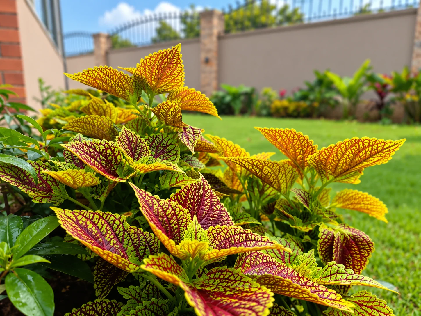 Yellow-green leaves with deep red markings in the Rubaga planting bed.
