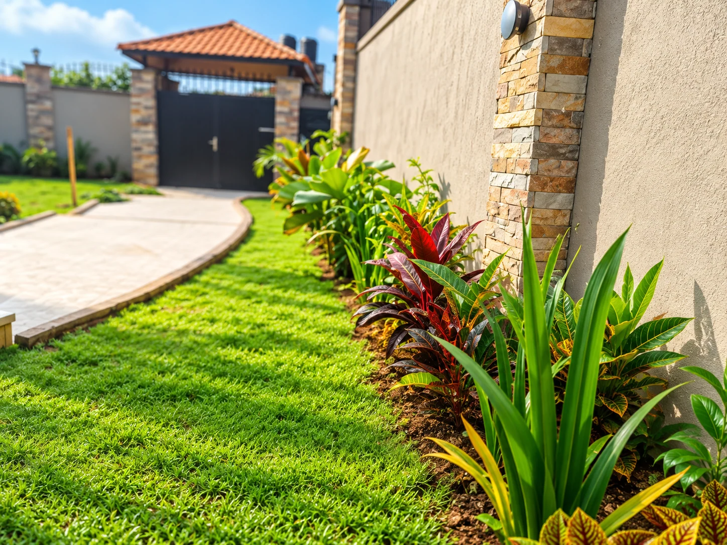 A narrow lawn and mixed foliage border follow the boundary wall towards the gate.